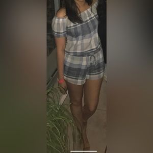 Blue and white plaid, off the shoulder romper. Size XS. Bella Dahl